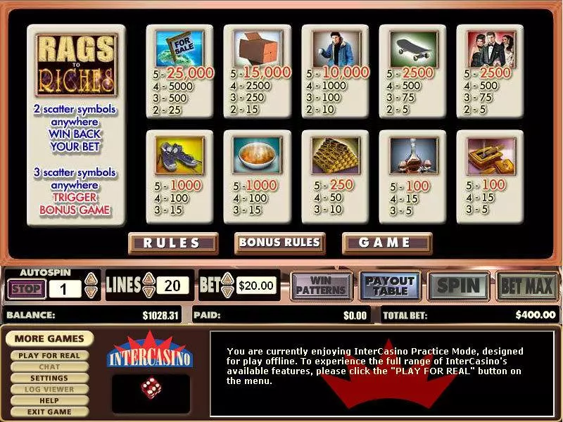 Rags to Riches 20 Lines Fun Slot Game made by CryptoLogic with 5 Reel and 20 Line