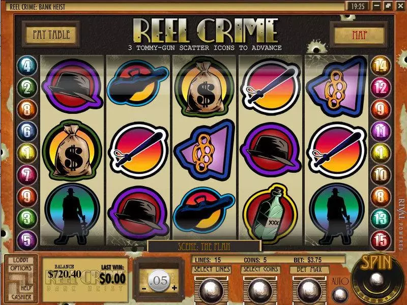 Reel Crime 1 Bank Heist Fun Slot Game made by Rival with 5 Reel and 15 Line