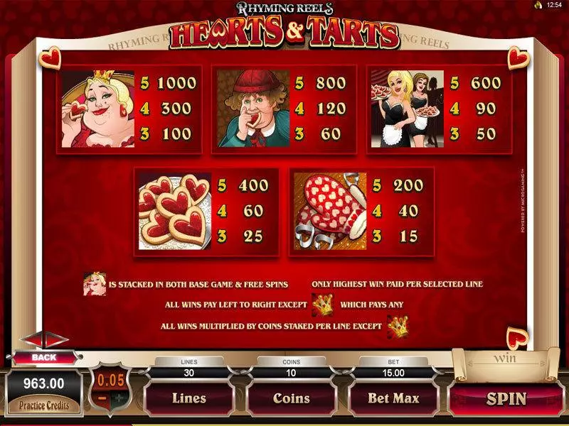 Rhyming Reels - Hearts and Tarts Fun Slot Game made by Microgaming with 5 Reel and 30 Line