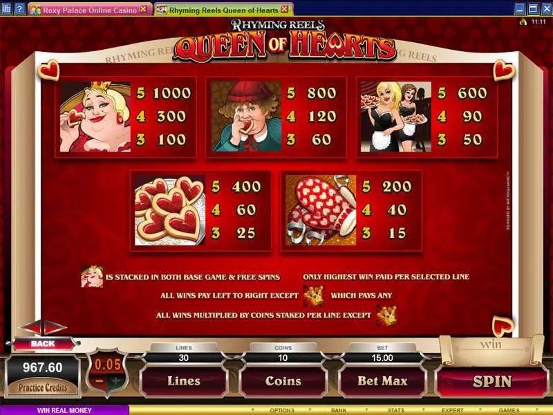 Rhyming Reels - Queen of Hearts Fun Slot Game made by Microgaming with 5 Reel and 30 Line