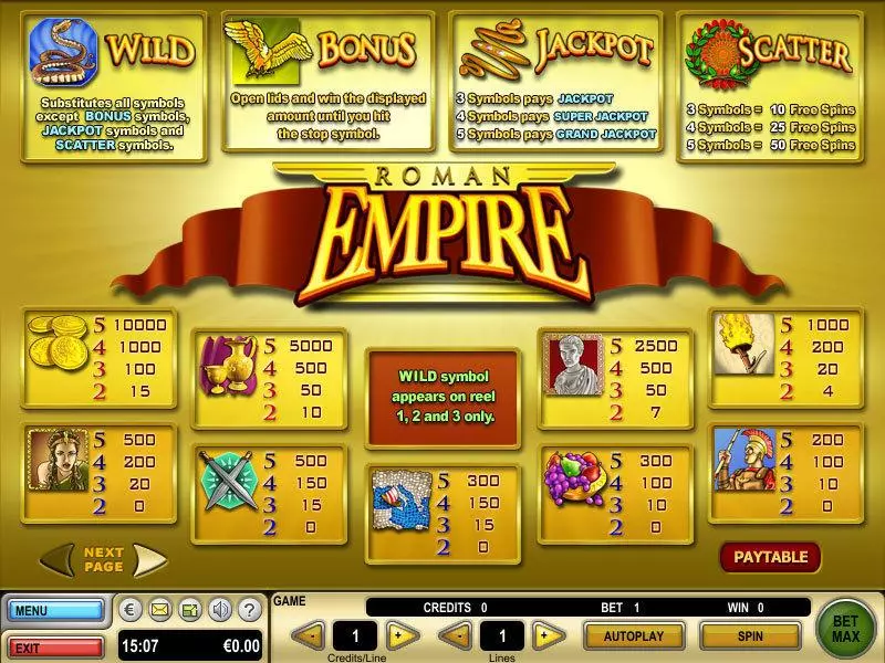 Roman Empire Fun Slot Game made by GTECH with 5 Reel and 15 Line