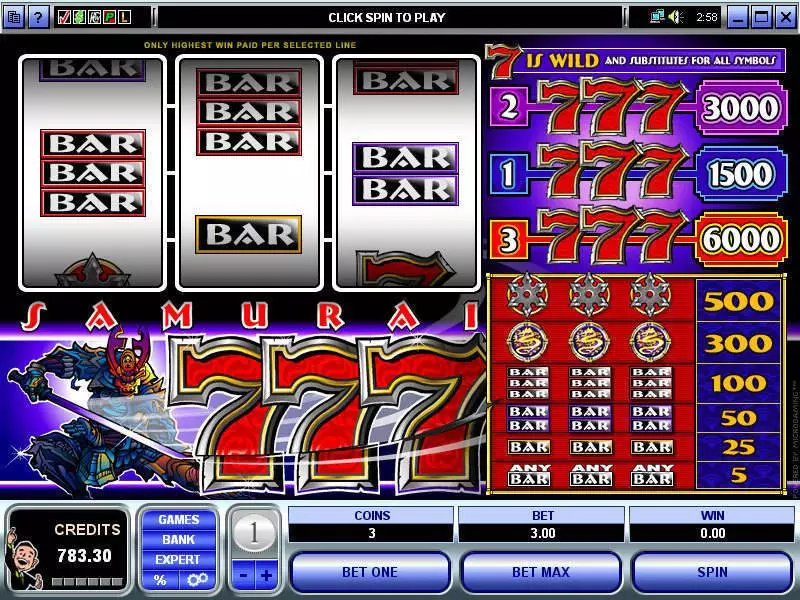 Samurai 7's Fun Slot Game made by Microgaming with 3 Reel and 3 Line