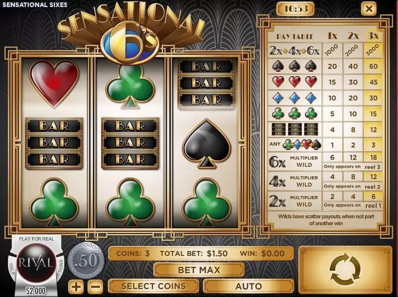 Sensational Sixes Fun Slot Game made by Rival with 3 Reel and 1 Line