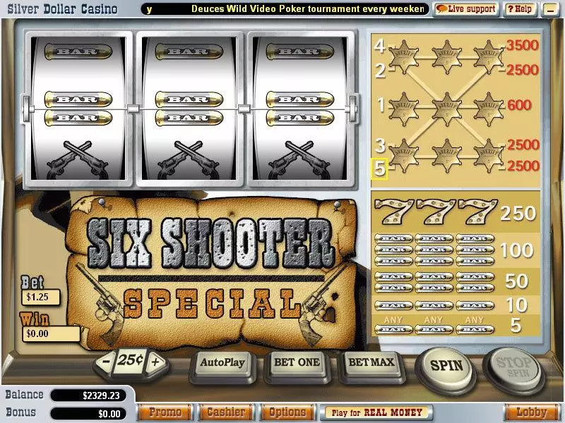 Six Shooter Special Fun Slot Game made by Vegas Technology with 3 Reel and 1 Line