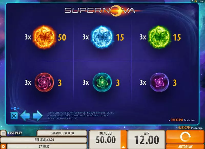 Supernova Fun Slot Game made by Quickspin with 3 Reel and 27 Line
