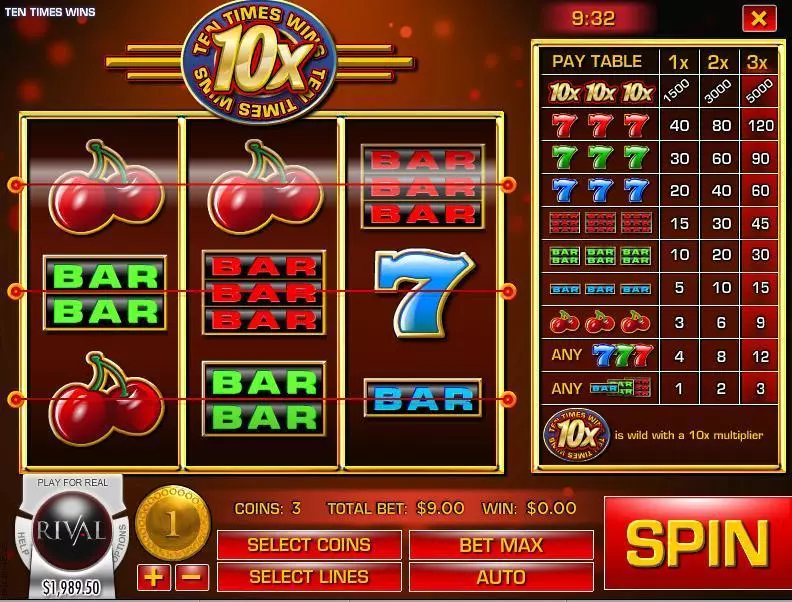 Ten Times Wins Fun Slot Game made by Rival with 3 Reel and 3 Line