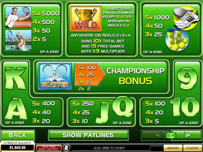 Tennis Stars Fun Slot Game made by PlayTech with 5 Reel and 40 Line