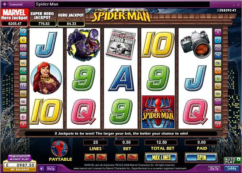The Amazing Spider-Man Fun Slot Game made by 888 with 5 Reel and 25 Line