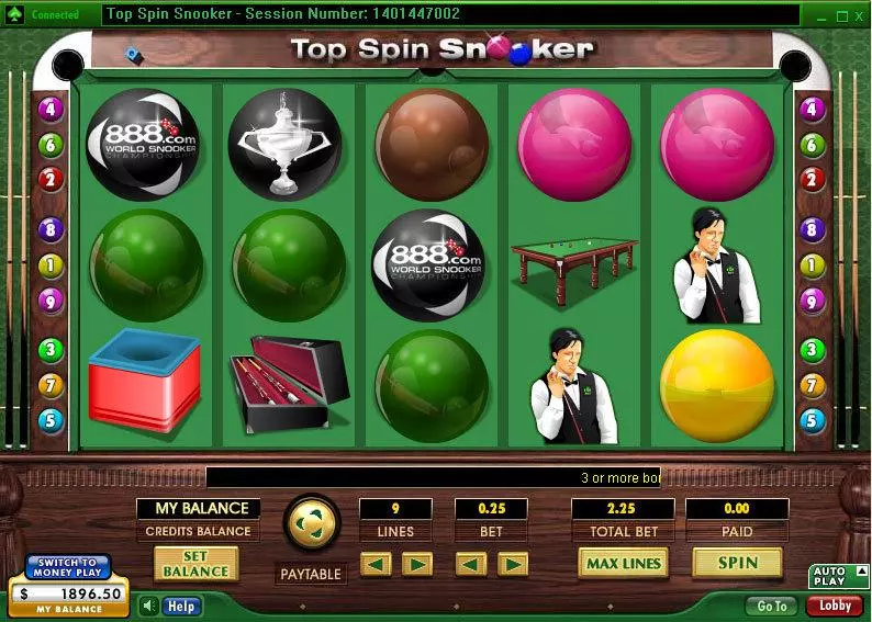 Top Spin Snooker Fun Slot Game made by 888 with 5 Reel and 9 Line
