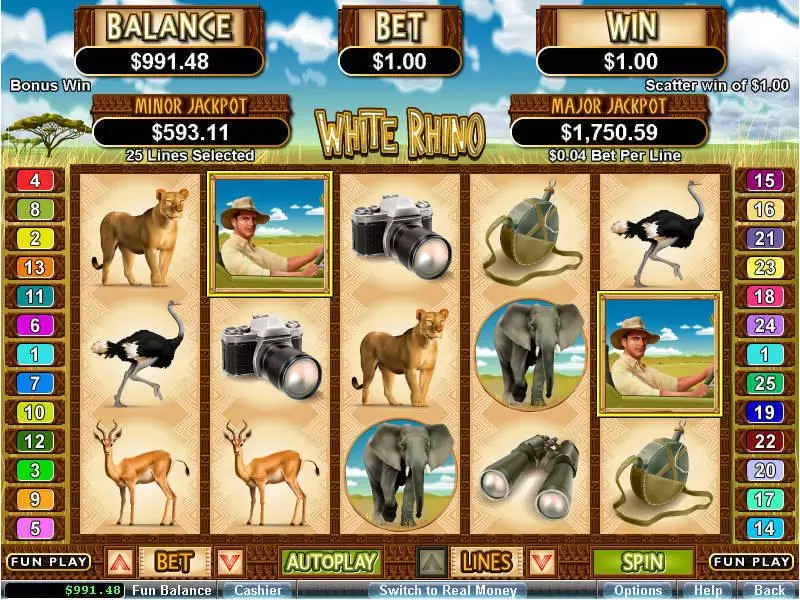 White Rhino Fun Slot Game made by RTG with 5 Reel and 25 Line